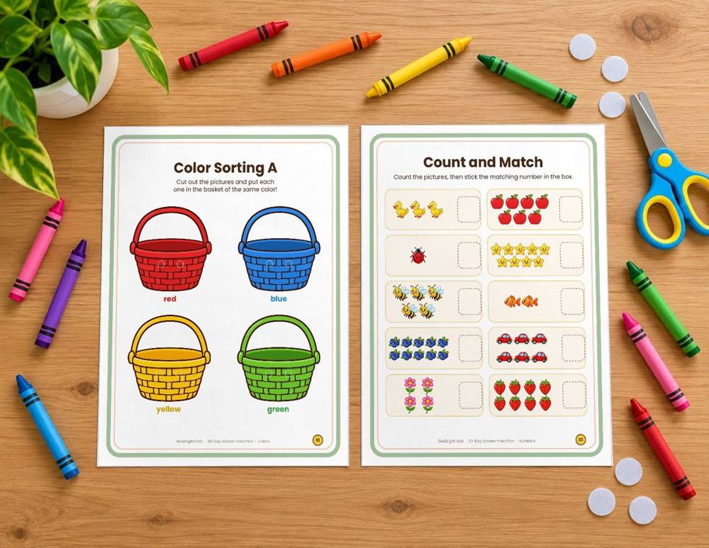 Printed BeeBright Kids pages on a craft table with crayons, scissors, and velcro dots