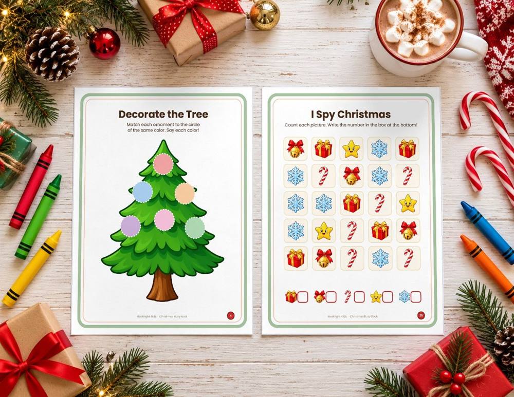 Printed Christmas Busy Book pages on a cozy holiday table